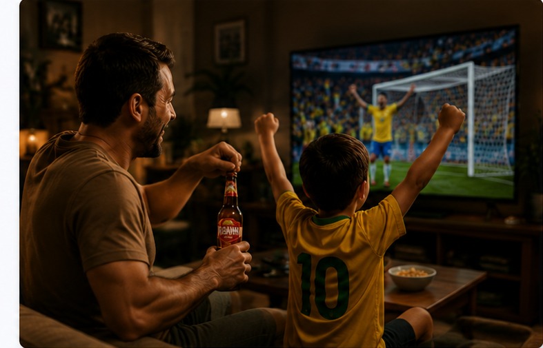 In São Paulo, a father cracks open a Brahma as his son in a #10 jersey cheers a goal scored on TV
